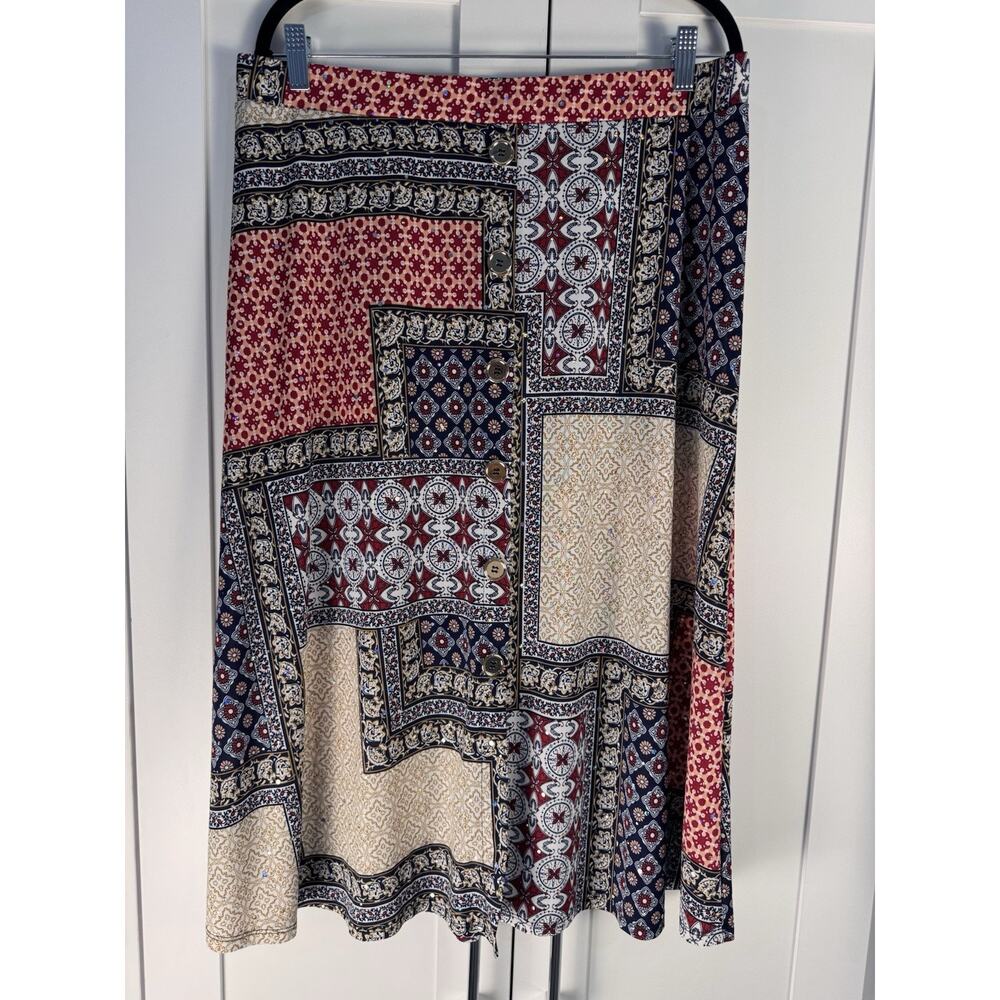 Modern Attraction Boho Patchwork Sequins Midi Skirt Womens XL Button Front